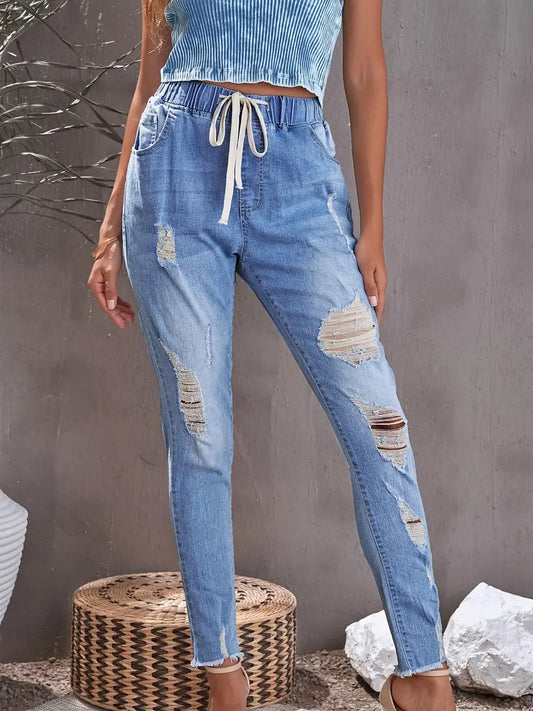 Distressed Destroyed Frayed Fabrics Drawstring Waist Raw Hem High Rise Elastic Band Skinny Jeans, Women's Denim Jeans, Women's Clothing