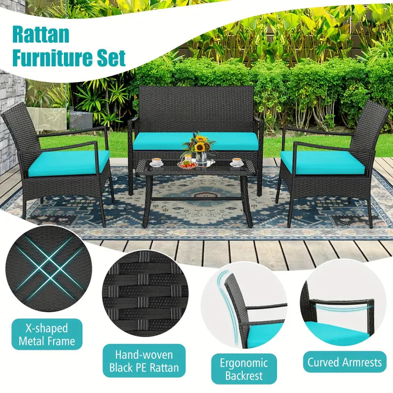 Outdoor 4 PC Patio Wicker Furniture Set, Cushioned Chairs & Loveseat With Coffee Table, For Outdoor Patio Garden