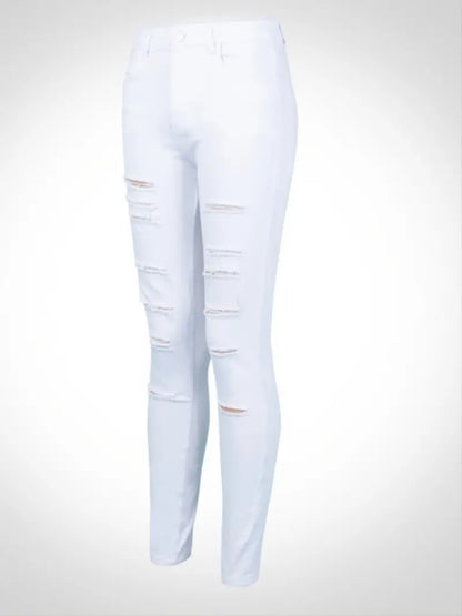 Women's White Cropped Skinny Jeans with Ladder Cut Outs and Ripped Front - Perfect for a High Rise Look!