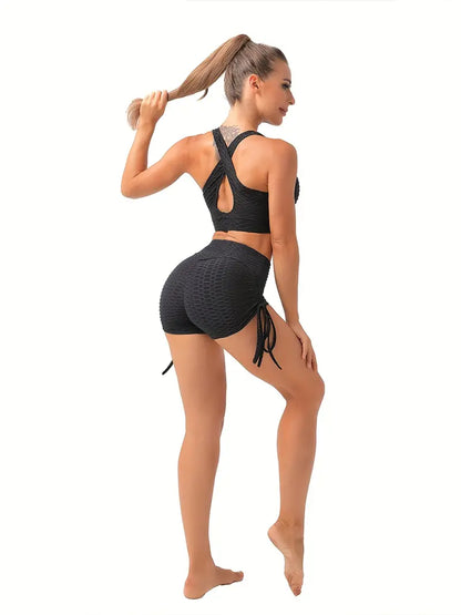 Women's Activewear: Black Honeycomb Drawstring Yoga Shorts - Breathable & Butt Lifting!