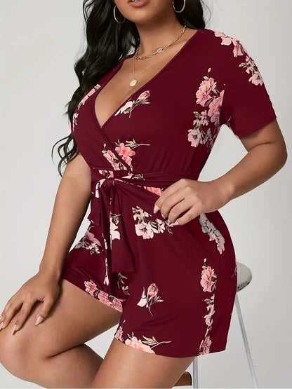 Plus Size Casual Romper, Women's Plus Floral Print Short Sleeve Surplice Neck Romper With Belt