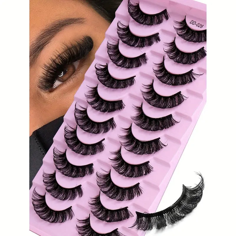 Glamorous Party-Perfect False Eyelashes: 10-Pair Pack of Unscented, Thick, High-Volume, Curly Russian Strip Lashes with Natural Appearance