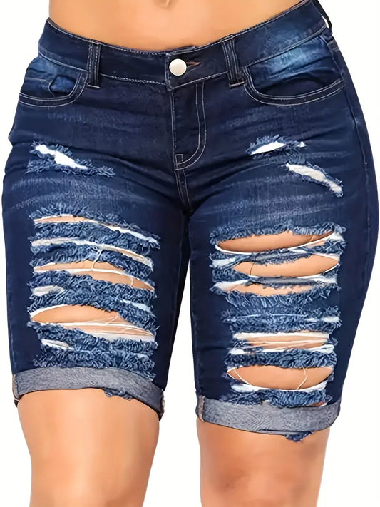 Ripped Roll Up Hem Knee Length Denim V, High Stretch Whiskering Distressed Bermuda Denim Shorts, Women's Denim Jeans & Clothing