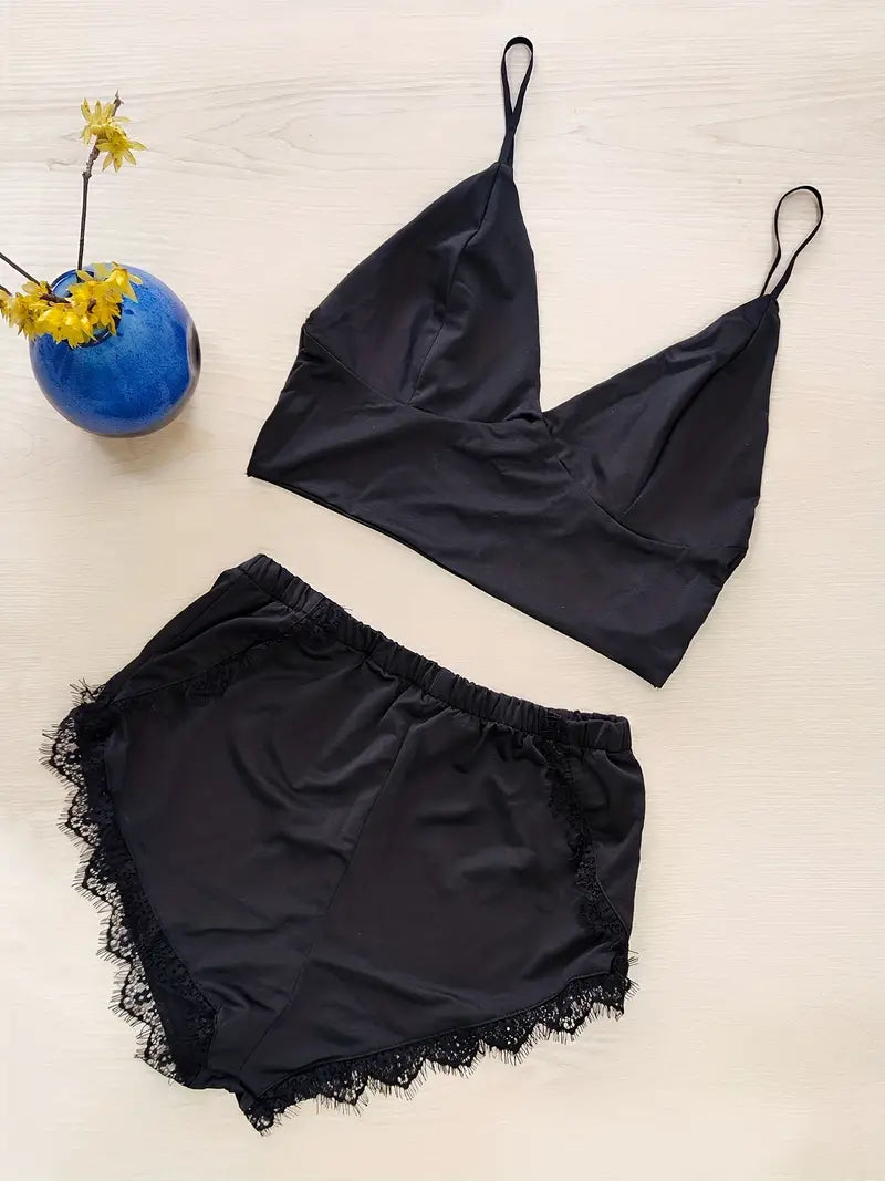 Feel Sexy & Comfortable in this Black Satin Pajama Set - Triangle Cup Lingerie Cami Top & Lace Trim Shorts