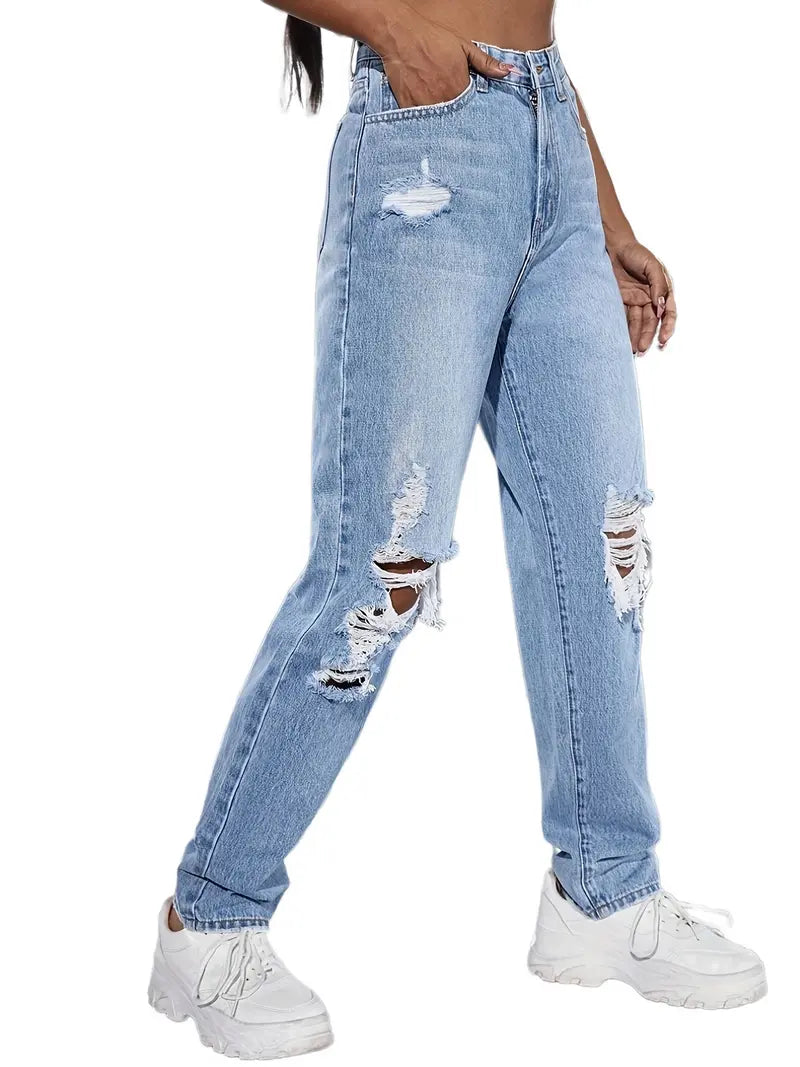 Blue Ripped Straight Jeans, Loose Fit High Waist Distressed Slash Pockets High Rise Denim Pants, Women's Denim Jeans & Clothing