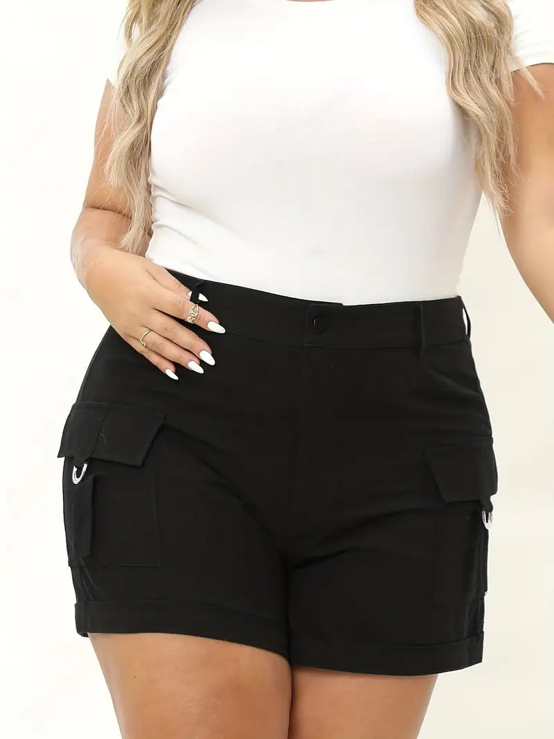 Short cargo décontracté de grande taille, short à boucle solide pour femmes, taille haute, braguette boutonnée, ourlet retroussé 