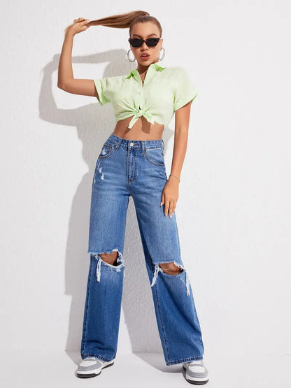 Blue Loose Fit Straight Jeans, Slash Pockets Ripped Holes High Waist Baggy Denim Pants, Women's Denim Jeans & Clothing