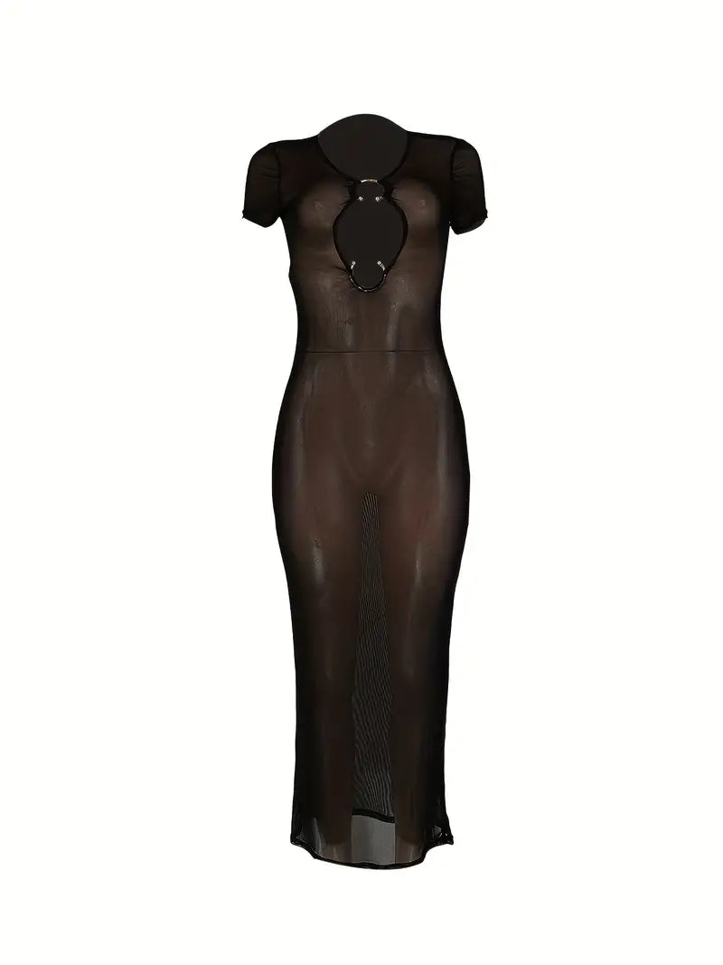 Cut Out Sheer Dress, Sexy Solid Short Sleeve Bodycon Maxi Dress, Women's Clothing