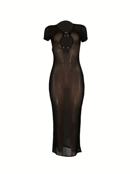 Cut Out Sheer Dress, Sexy Solid Short Sleeve Bodycon Maxi Dress, Women's Clothing