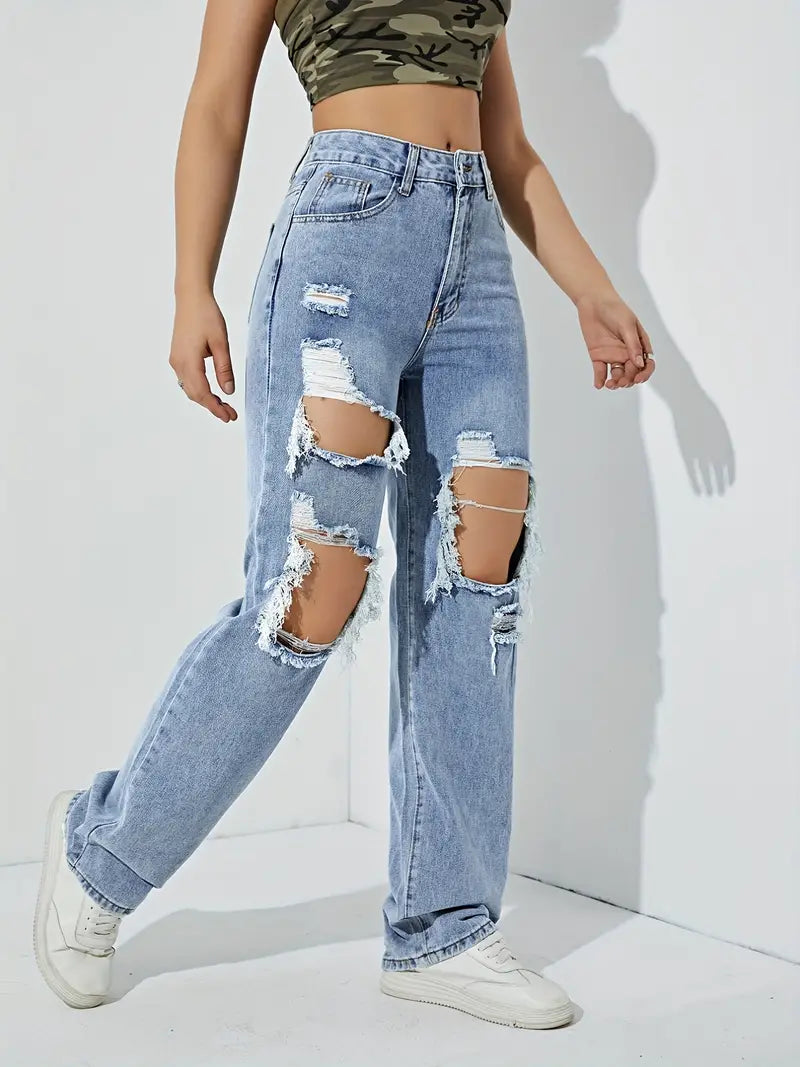 High Rise Ripped Thigh Distressed Front Fabrics Straight Lets Loose Fit Zipper Button Closure Plicated Hem Light Blue Boyfriend Jeans, Women's Denim Jeans, Women's Swimwear