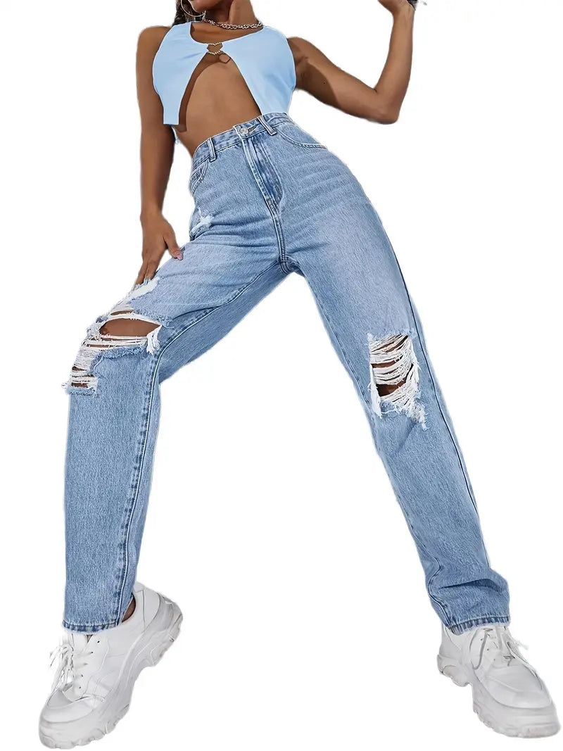 Blue Ripped Straight Jeans, Loose Fit High Waist Distressed Slash Pockets High Rise Denim Pants, Women's Denim Jeans & Clothing