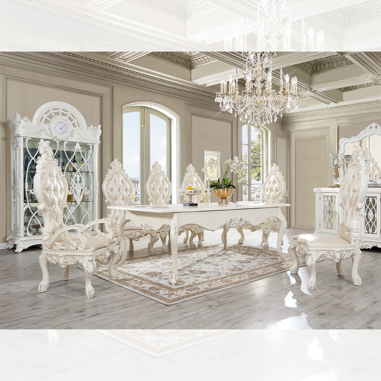 7pc Dining Table in Antique White and Metallic Silver Highlights