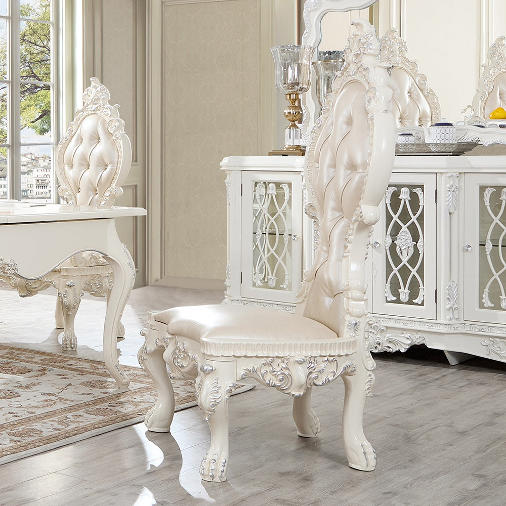 7pc Dining Table in Antique White and Metallic Silver Highlights