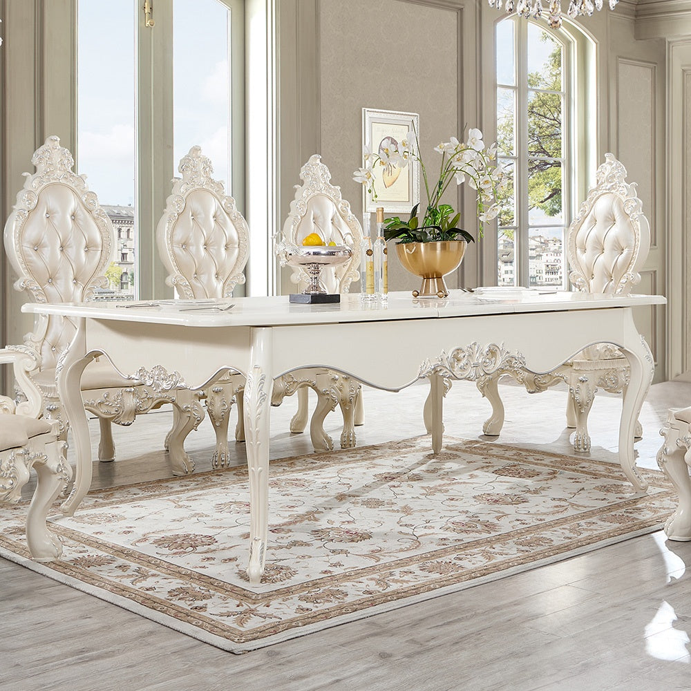 7pc Dining Table in Antique White and Metallic Silver Highlights