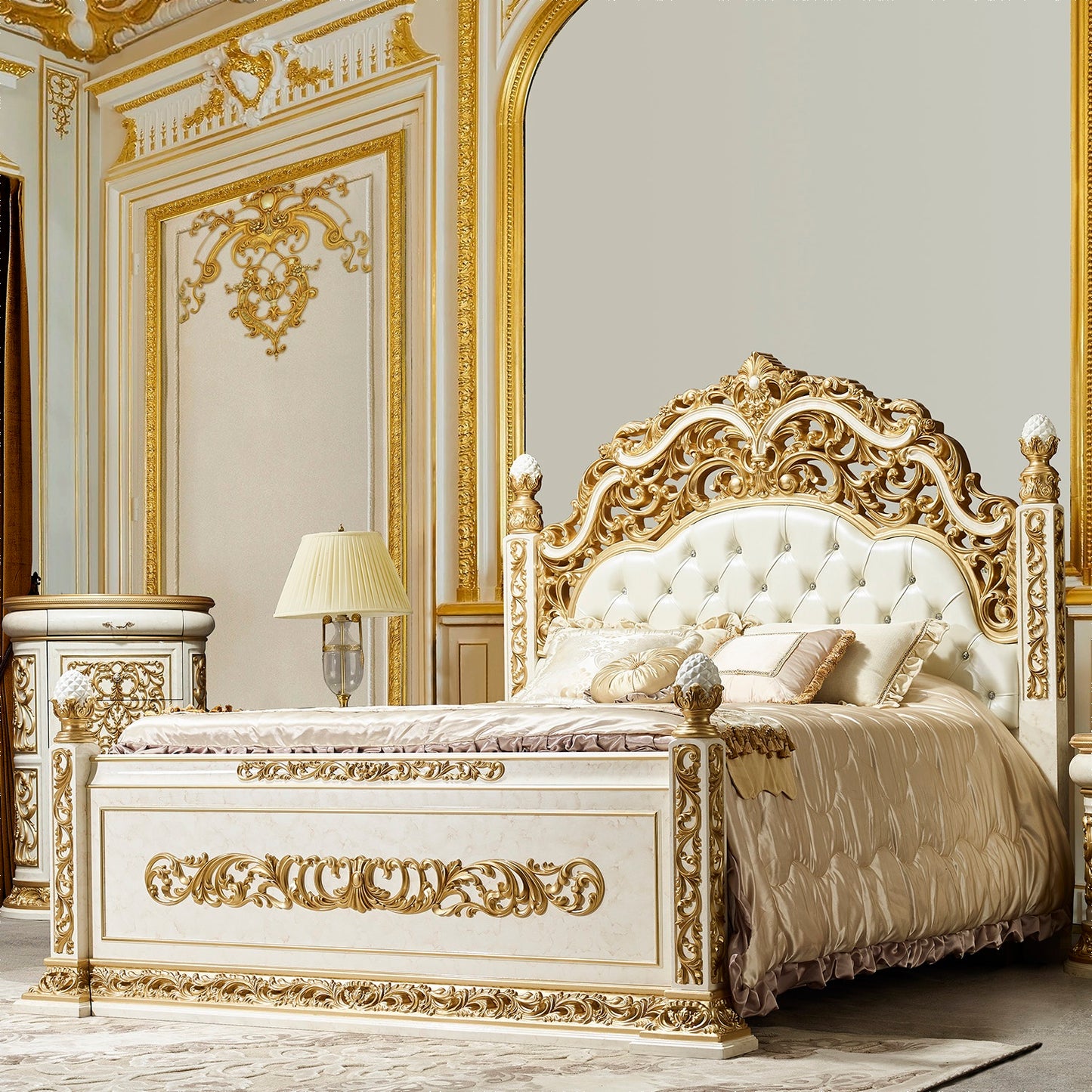 Eastern King Bed in Antique White and Gold