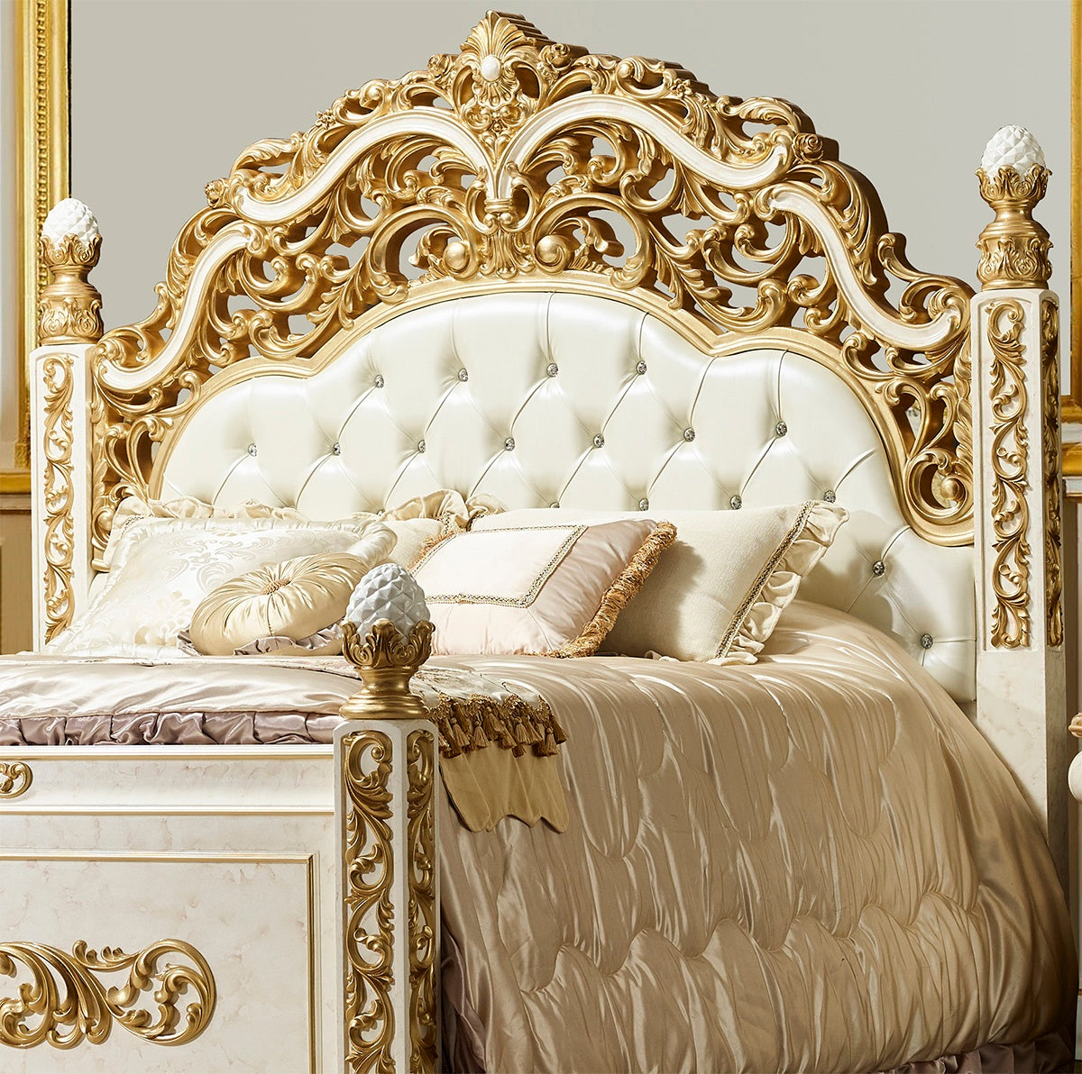 Eastern King Bed in Antique White and Gold