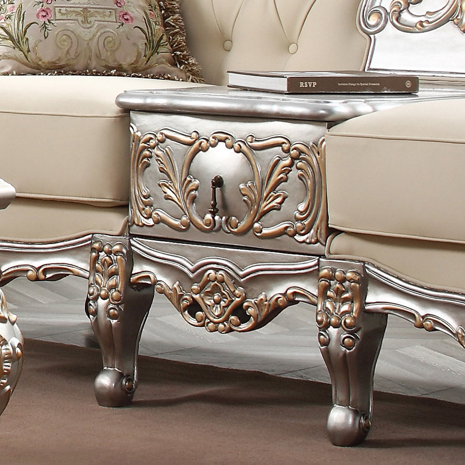 3pc French Salon Sofa Set Living Room Set in Metallic Silver with Antique Gold Trim