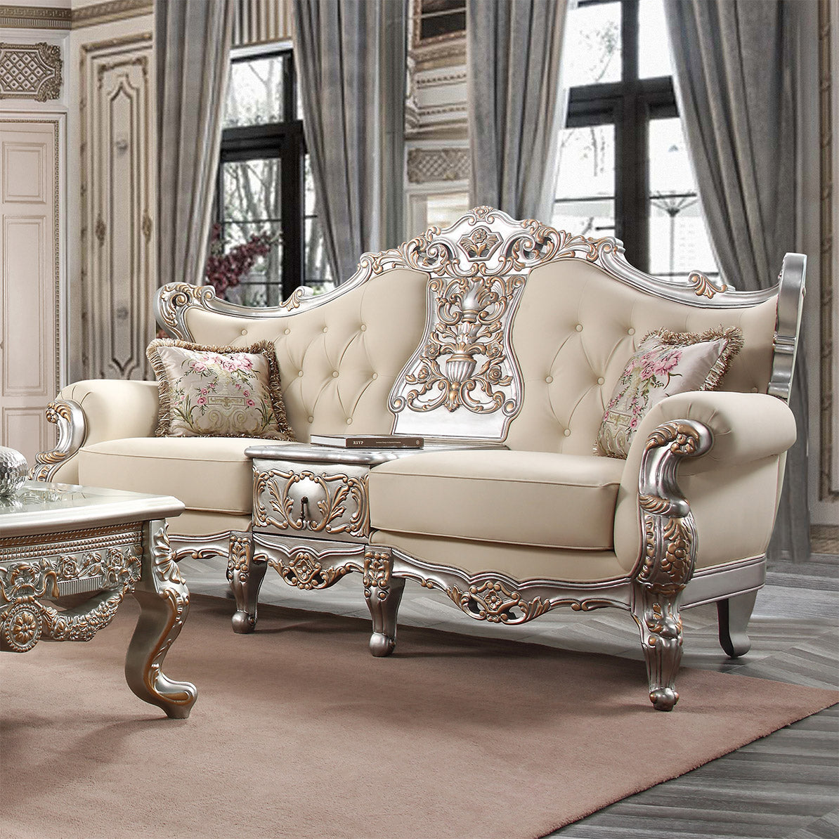 3pc French Salon Sofa Set Living Room Set in Metallic Silver with Antique Gold Trim