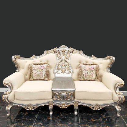 3pc French Salon Sofa Set Living Room Set in Metallic Silver with Antique Gold Trim