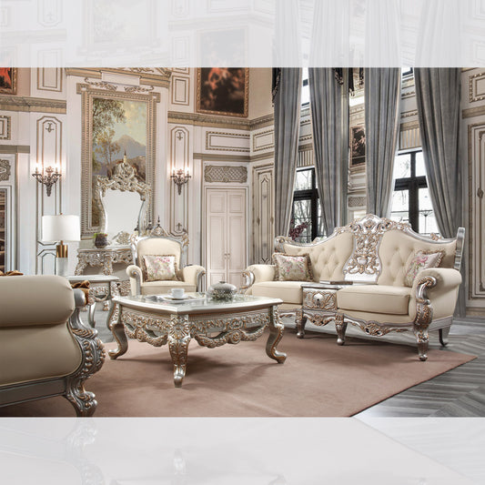 3pc French Salon Sofa Set Living Room Set in Metallic Silver with Antique Gold Trim