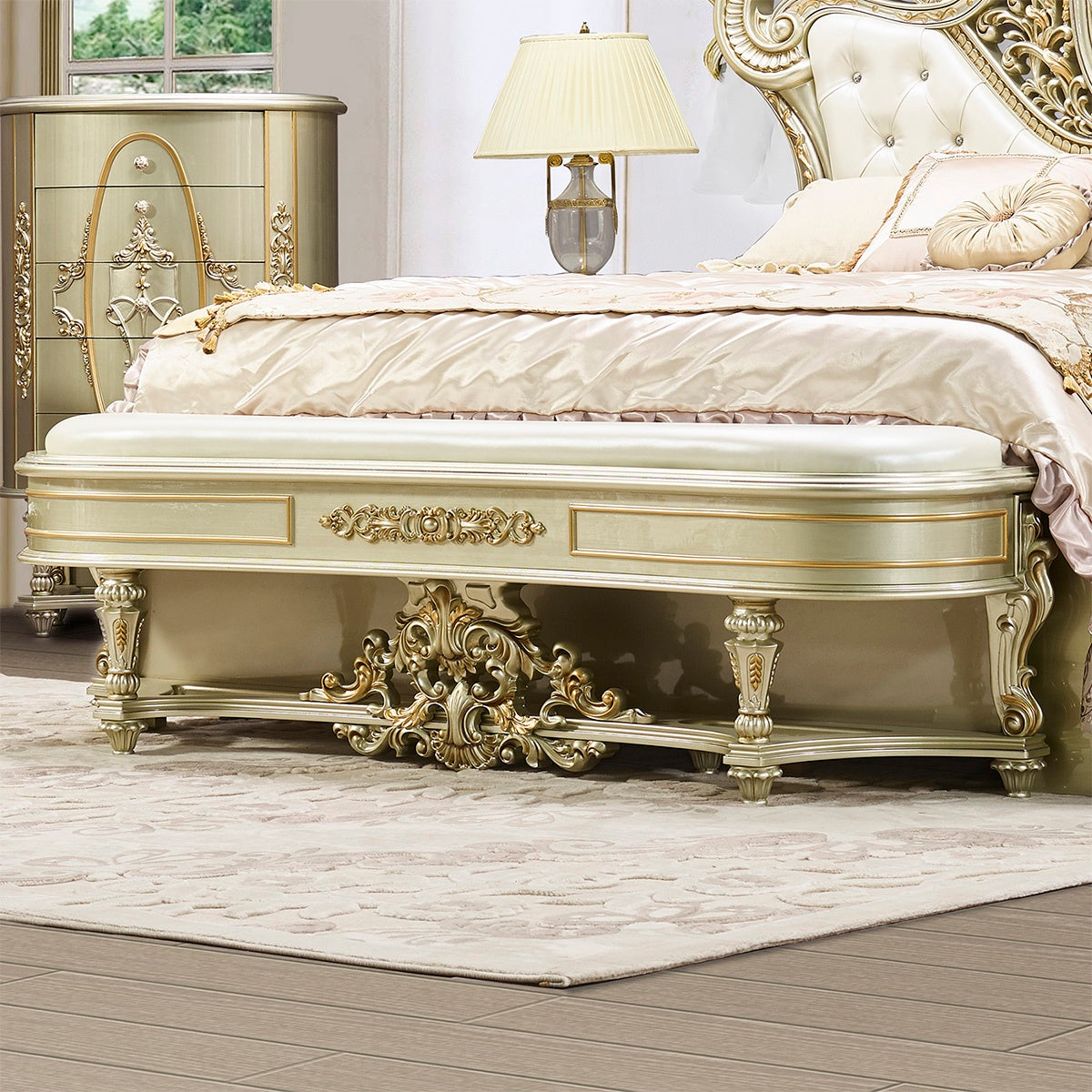 Eastern King Bed in Antique White and Gold