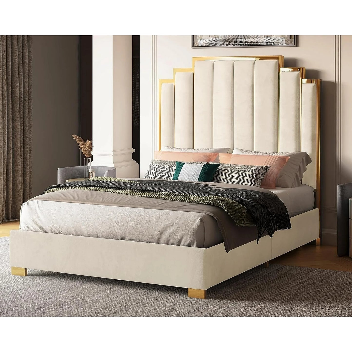 King - Queen Size Platform Bed Frame Velvet Upholstered Bed with Gold Trim