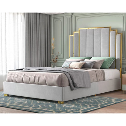 King - Queen Size Platform Bed Frame Velvet Upholstered Bed with Gold Trim