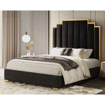 King - Queen Size Platform Bed Frame Velvet Upholstered Bed with Gold Trim