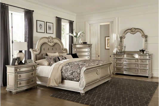 Royal Antique Silver Panel 5 PC King Size Bedroom Set, Bed, Dresser, Mirror, 2 Nightstands