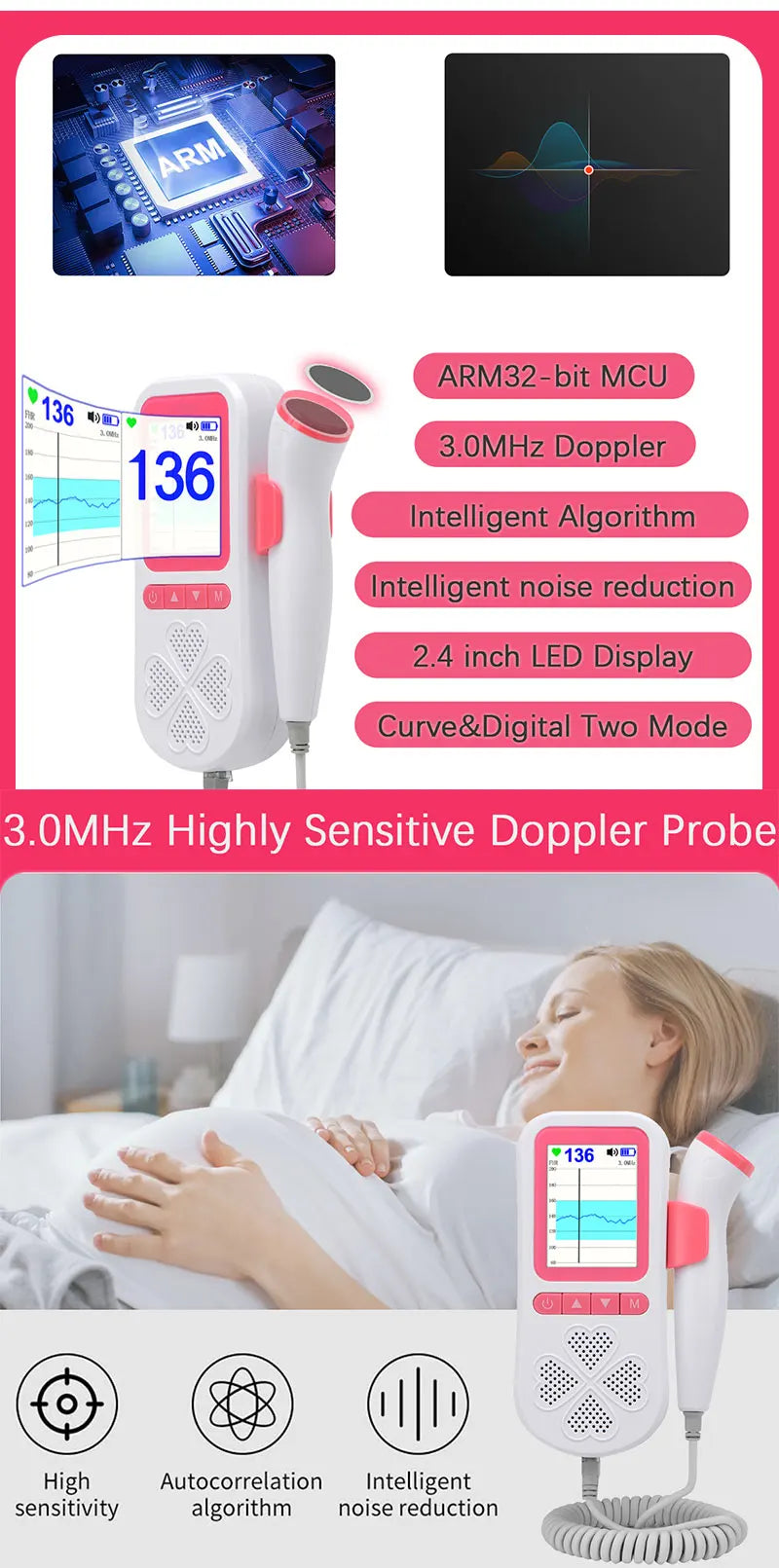 Upgraded 3.0MHz Doppler Fetal Heart rate Monitor Home Pregnancy Baby Fetal Sound Heart Rate Detector LCD Display No Radiation Fetal Heart Rate Monitor - Monitor Your Baby's Health with Ease!