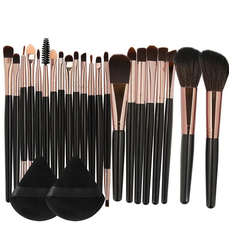 All-in-One 22-Piece Professional Makeup Brush Set + 2 Triangle Puffs - Nylon Bristles for Perfect Application: Foundation, Powder, Concealers, Eye Shadows, Blush, & More