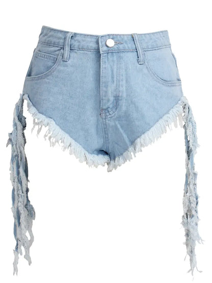 Light Blue Fringe Trim Denim Shorts, Frayed Hem Asymmetrical Mid-Stretch Denim Shorts, Women's Denim Jeans & Clothing