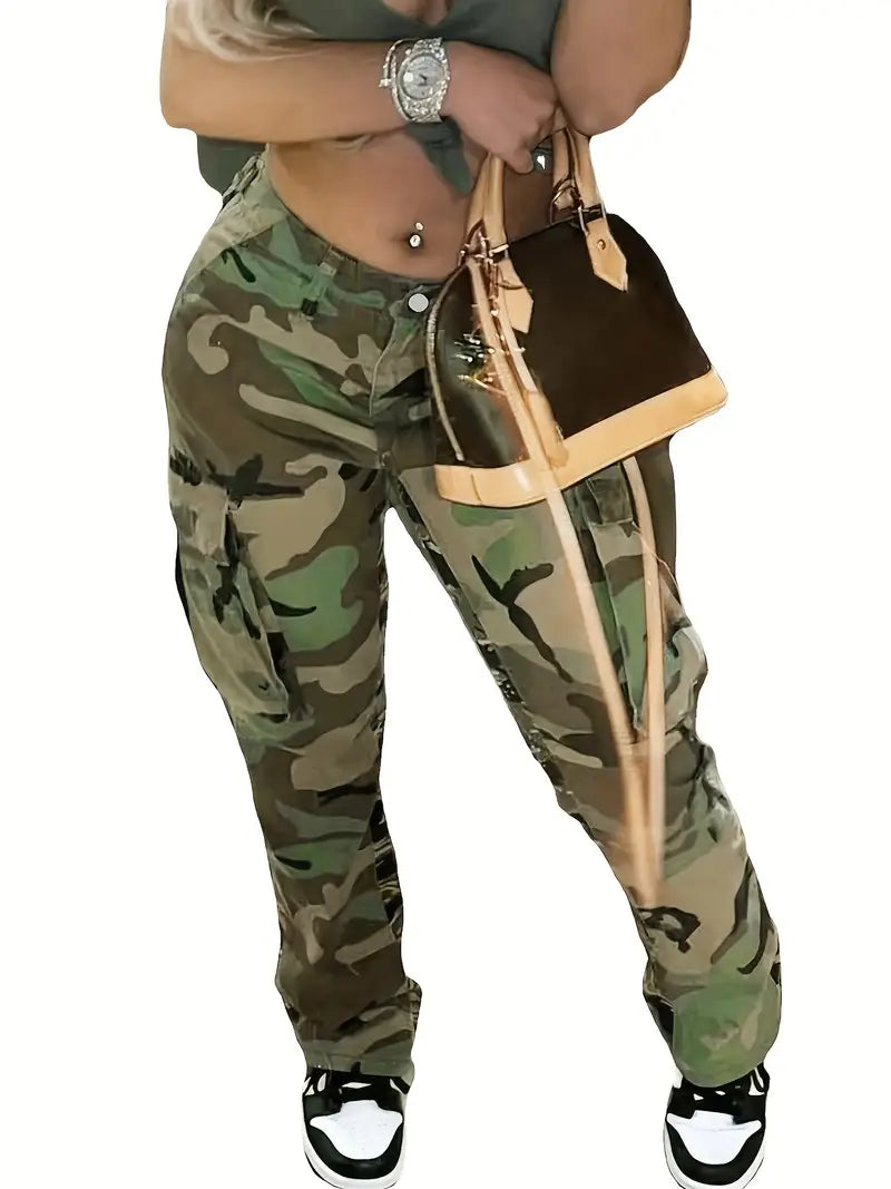 High Waist Straight Camouflage Cargo Jeans, Camo Print Medium Stretch Side Flap Pocket High Rise Denim Pants, Women's Denim Jeans & Clothing