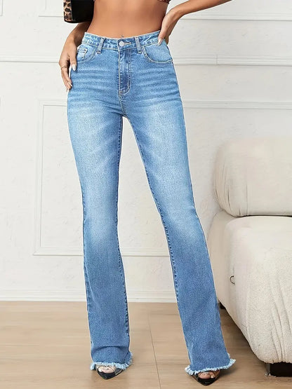 Women's Flared Denim Jeans with Raw Hem and Slash Pockets - A Stylish and Comfortable Look!