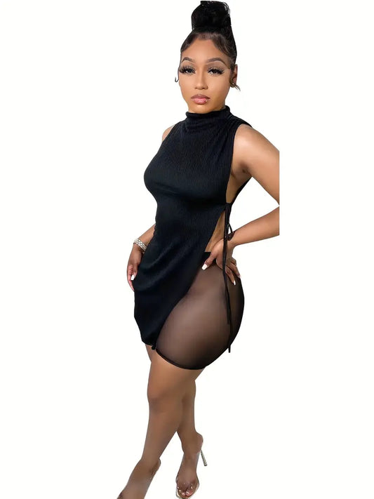 Sexy Matching Asymmetrical Two-piece Set, Mock Neck Split Top & Mesh Shorts Outfits, Women's Clothing