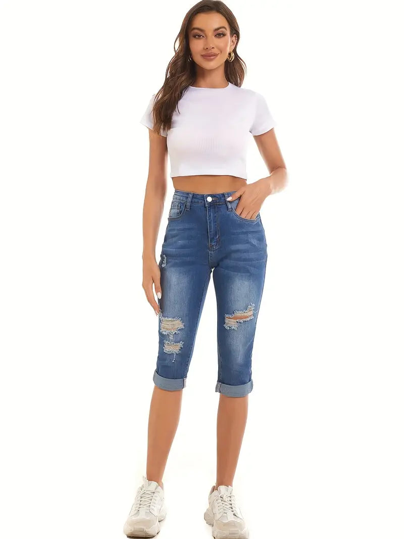 Blue Ripped Holes Capris Jeans, Slim Fit Mid-Stretch Cropped Denim Pants, Women's Denim Jeans & Clothing