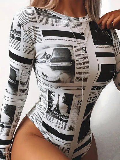 Plus Size Sexy Bodysuit, Women's Plus Newspaper Print Round Neck Long Sleeve Bodysuit