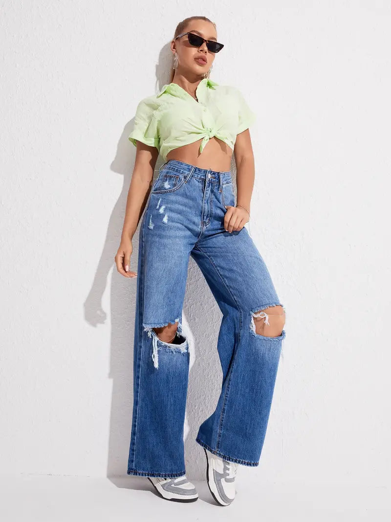 Blue Loose Fit Straight Jeans, Slash Pockets Ripped Holes High Waist Baggy Denim Pants, Women's Denim Jeans & Clothing