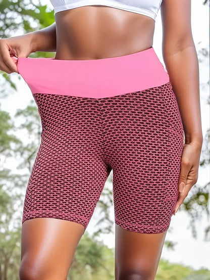 Honeycomb Butt Lifting Yoga Shorts With Pockets, High Waist Sports Shorts, Women's Activewear