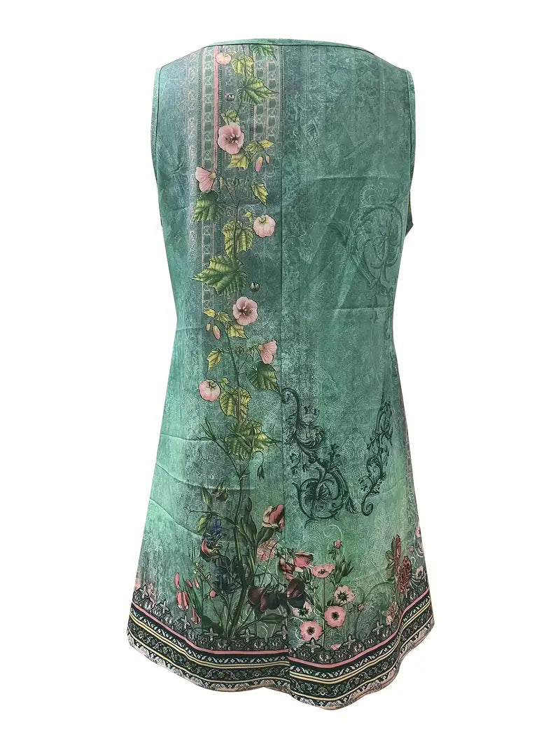 Floral Print Notched Neck Dress, Vintage Sleeveless Dress For Summer, Women's Clothing