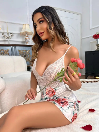 Floral Print Slip Nightdress, Sexy Contrast Lace Deep V Sleeveless Dress, Women's Lingerie & Sleepwear