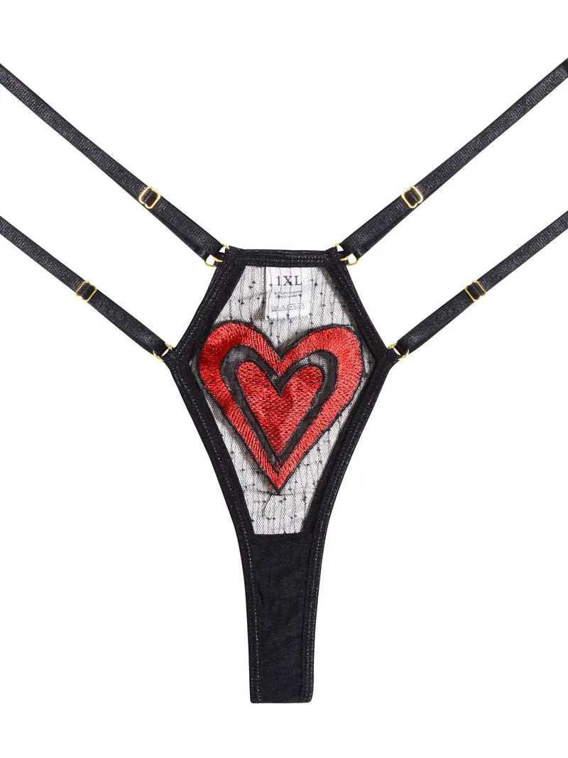 Plus Size Heart Print Contrast Mesh Semi Sheer Metal Strap Bra & Thong Set, Women's Plus Sexy Costumes, Sexy Lingerie