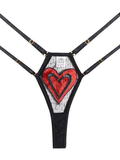 Plus Size Heart Print Contrast Mesh Semi Sheer Metal Strap Bra & Thong Set, Women's Plus Sexy Costumes, Sexy Lingerie