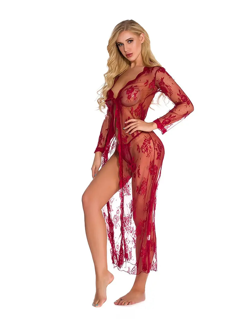 Lingerie For Women Long Lace Front Open Semi-Sheer Mesh Night Robe Sleep Lingerie