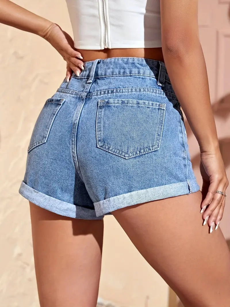 Short en denim taille haute à ourlet roulé avec broderie florale, fermeture à glissière, poche oblique bleu clair délavé, short en denim d'été décontracté, jeans et vêtements en denim pour femmes 