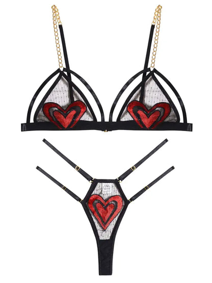 Plus Size Heart Print Contrast Mesh Semi Sheer Metal Strap Bra & Thong Set, Women's Plus Sexy Costumes, Sexy Lingerie