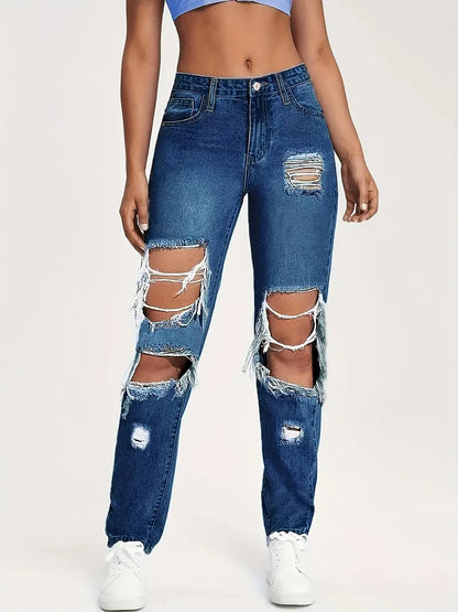 Light Blue Ripped Denim Pants, Loose High Rise Slash Pockets Jeans, Women's Denim Jeans & Clothing