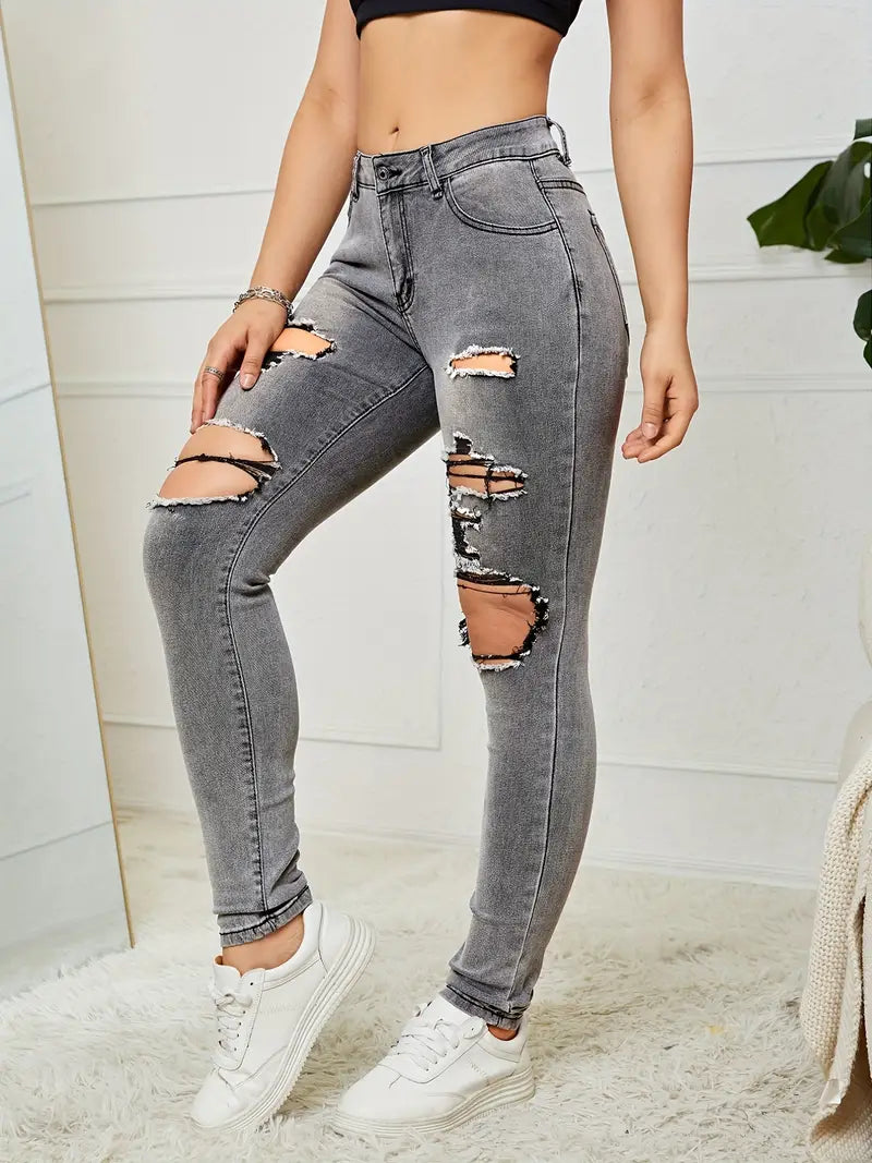 Women's Street Style Denim Pants: Ripped High Waist Washed Distressed Jeans with High Stretch Solid Color