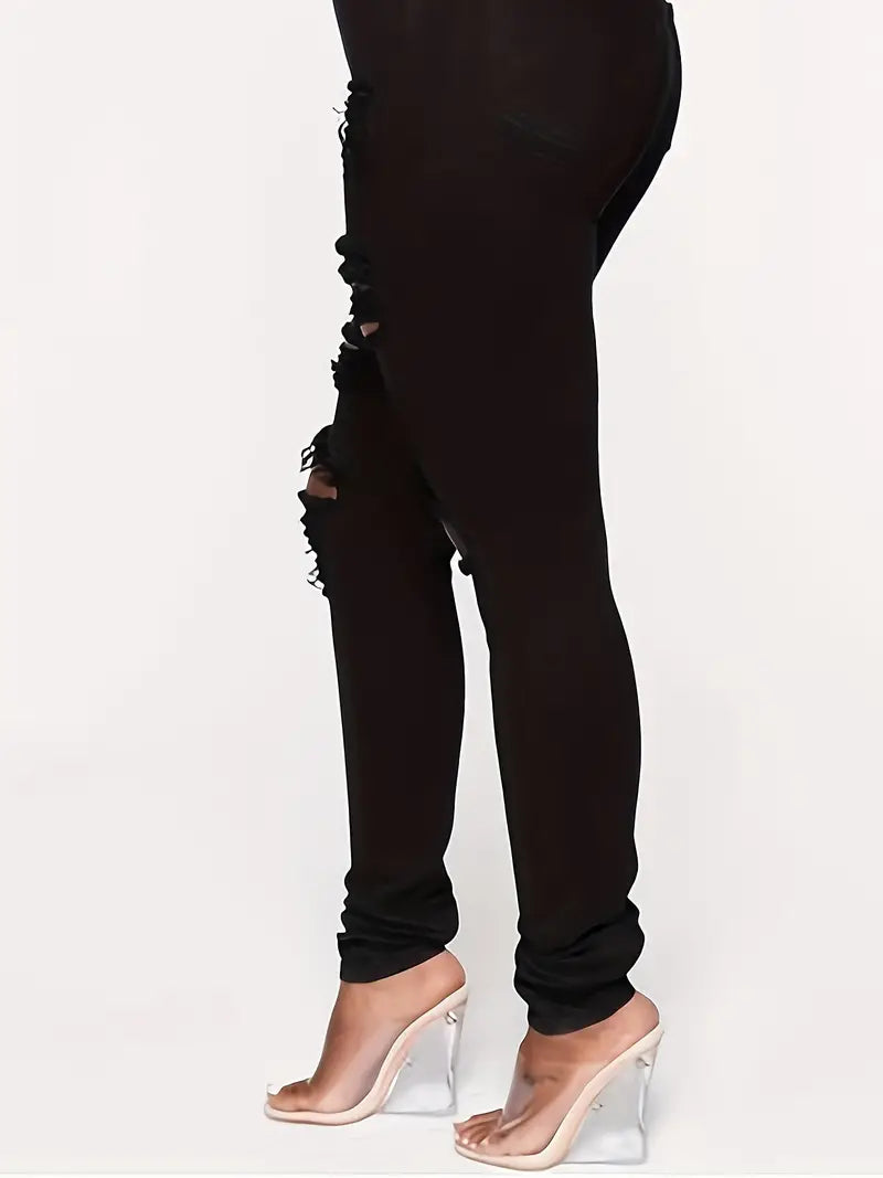 Black Ripped Holes Skinny Jeans, Slim Fit Distressed High Waist Stylish Casual Denim Pants, Women's Denim Jeans & Clothing