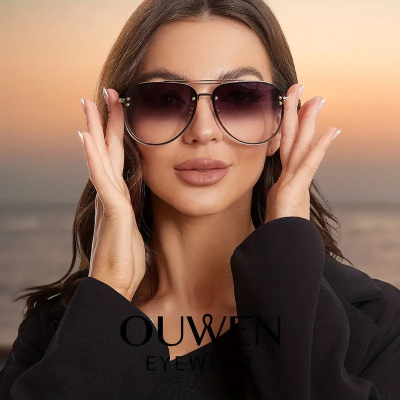 OUWEN Oversized Aviator Sunglasses For Women, Trendy Golden Frame Gradient Lens Sun Glasses 65mm 87247E